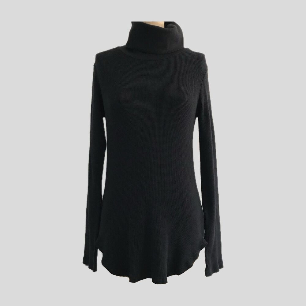 Evereve Michael Stars Black Long Sleeve Waffle Knit Cotton Turtleneck Top Size S